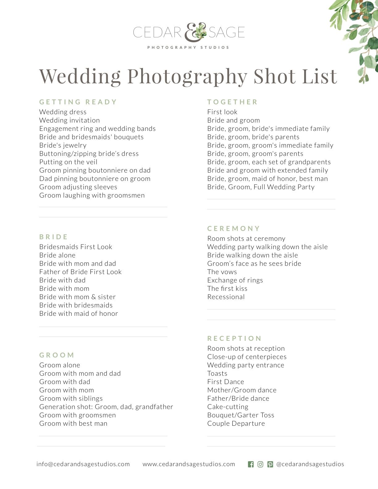 Wedding Photographer Shot List Template