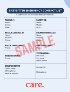 Babysitter Emergency Contact List Template Babysitter Emergency Contact List Template