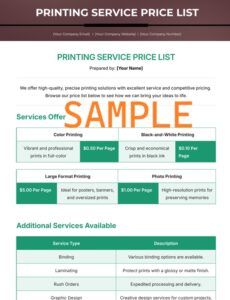 Free Printing Services Price List Template